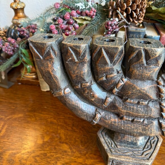 Vintage Large Carved Wood 7 Branch Menorah/Candelabra Signed - Picture 6 of 17
